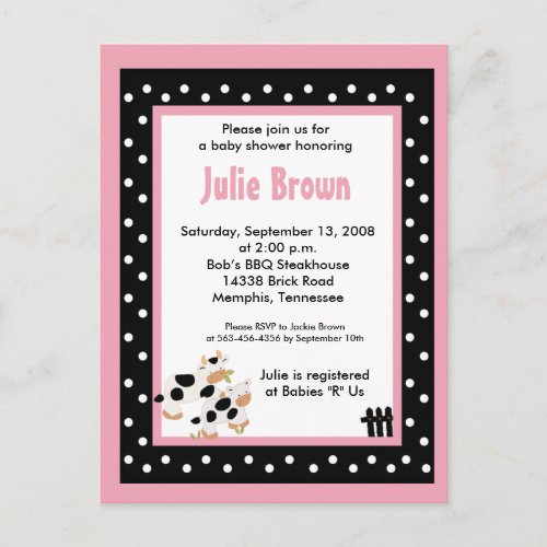 Pink  Black Girly Moo Cow Baby Shower Invitations
