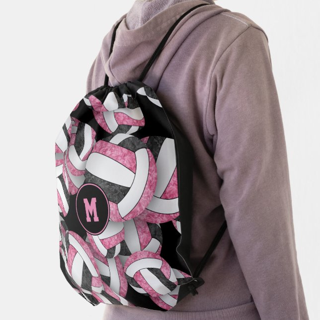 pink black girly sports volleyballs pattern drawstring bag (Insitu)
