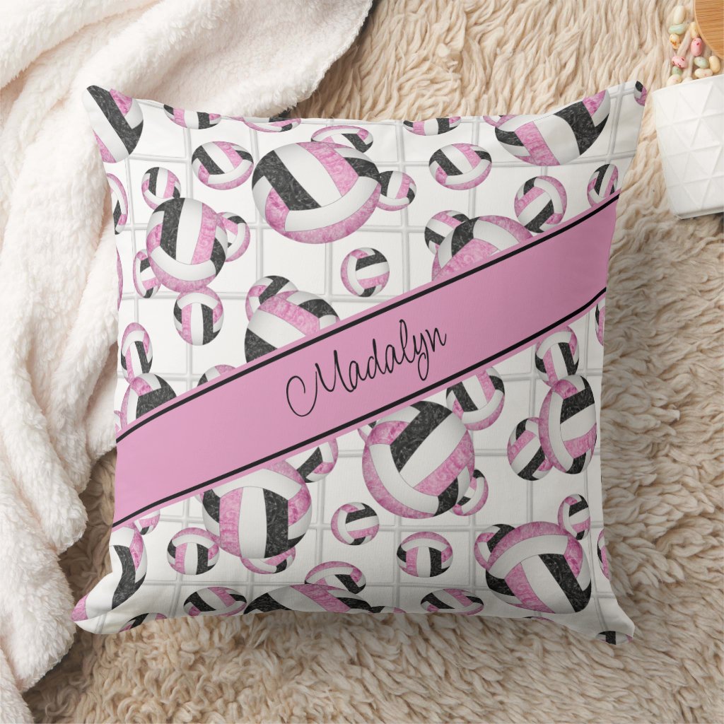 Pink black girly volleyballs pattern net accent throw pillow