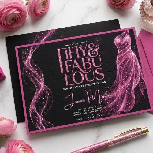 Pink Black Glitter 50 & Fabulous Elegant Birthday Invitation