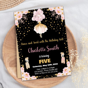 Pink Black Glitter Ballerina Birthday Invitations