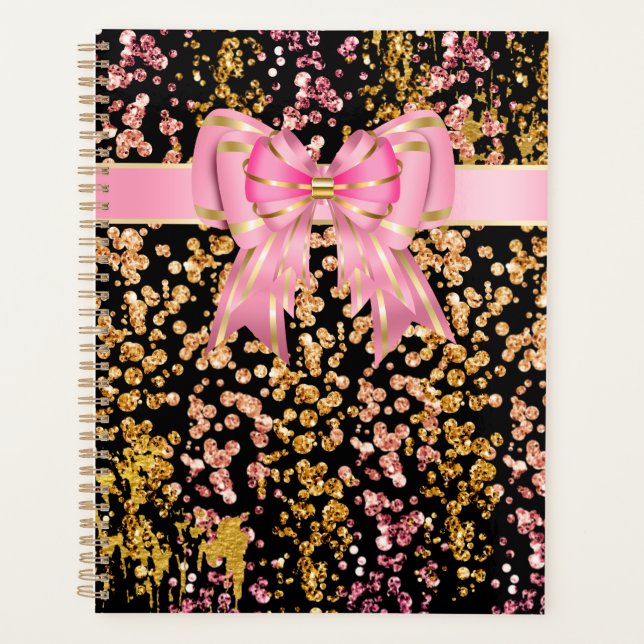 Pink black glitter bow gold shimmer strokes planner (Front)