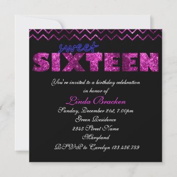 Pink Black Glitter Chevron Sweet Sixteen Invite by ohwhynotweddings at Zazzle