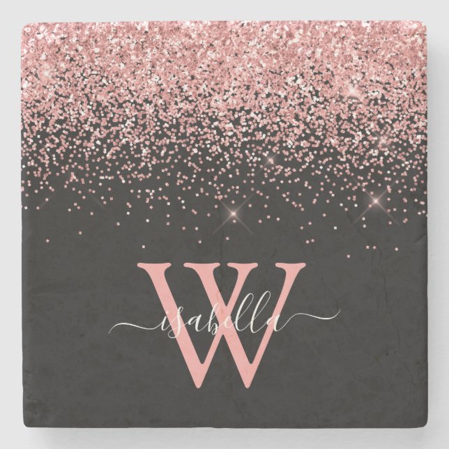 Pink Black Glitter Elegant Script Name Monogram Stone Coaster (Front)