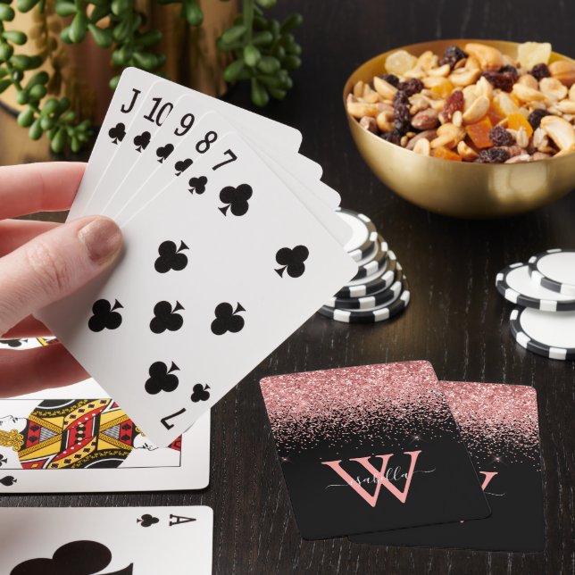 Pink Black Glitter Elegant Script Name Poker Cards (In Situ)