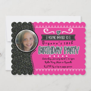 Pink & Black Glitter Girls Party Photo Invitations