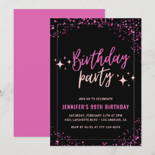Pink Black Glitter Glam 99th birthday Party Invitation