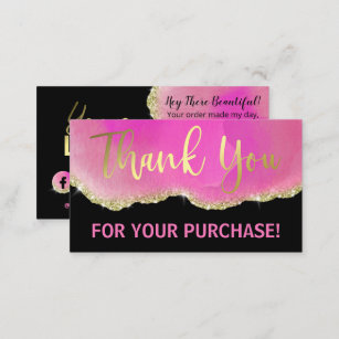 Pink Black Glitter Gold Agate Foil Thank You Business Card