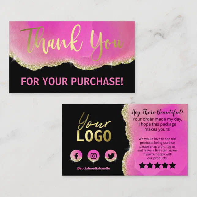 Pink Black Glitter Gold Agate Foil Thank You Business Card | Zazzle
