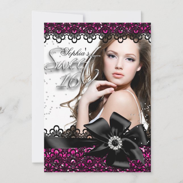 Pink & Black Glitter Lace Photo Sweet 16 Invite (Front)