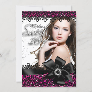 Pink & Black Glitter Lace Photo Sweet 16 Invite