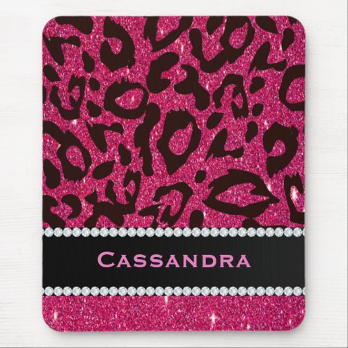 Pink  Black Glitter Leopard Print Diamonds Name Mouse Pad