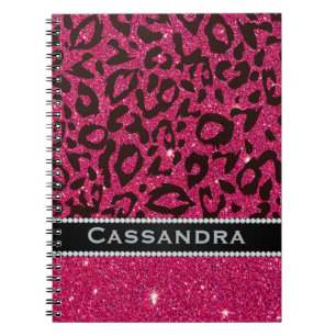Pink & Black Glitter Leopard Print Diamonds Name Notebook