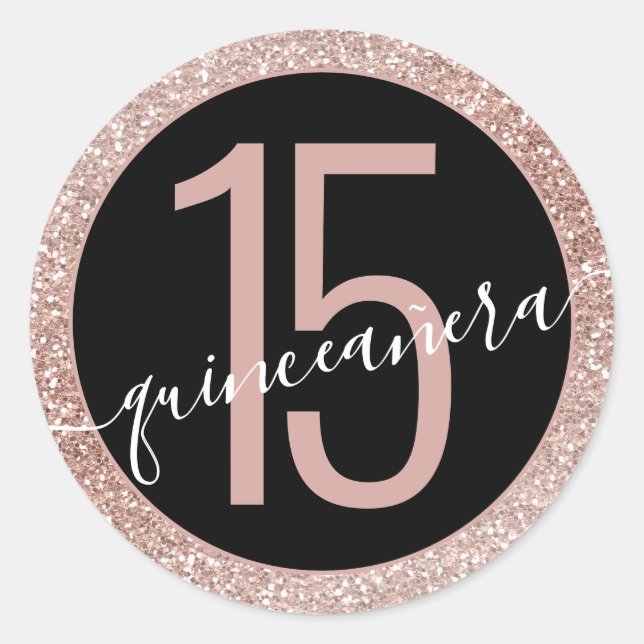 Pink Black Glitter Modern 15th Quinceañera  Classic Round Sticker (Front)