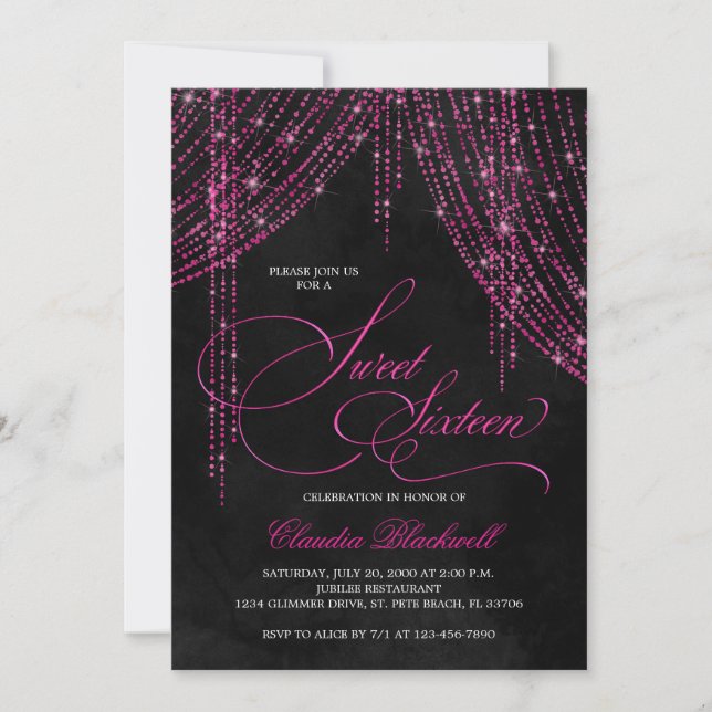 Pink Black Glitter Sweet 16 Birthday Invitation (Front)