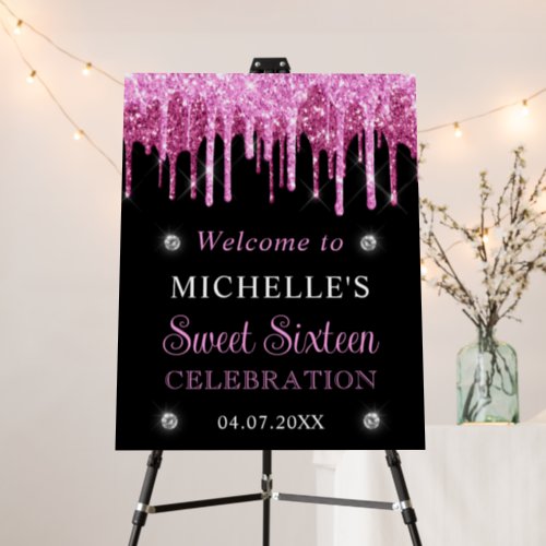 Pink  Black Glitter Sweet 16 Welcome Sign