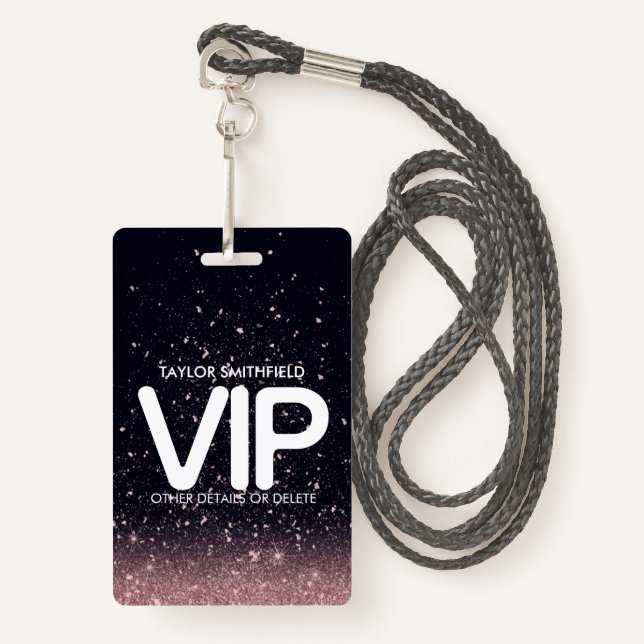 Pink Black Glitter trendy VIP lanyard badge custom (Front with Lanyard)
