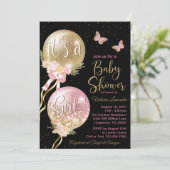 Pink Black Gold Balloon Butterfly Baby Shower Invitation (Standing Front)