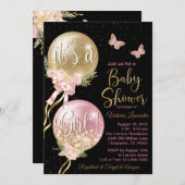 Pink Black Gold Balloon Butterfly Baby Shower Invitation (Front/Back)