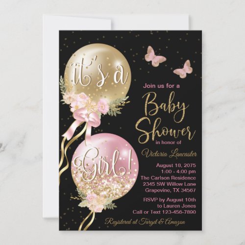 Pink Black Gold Balloon Butterfly Baby Shower Invitation