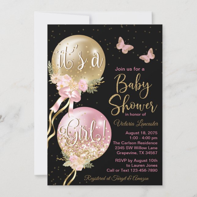 Pink Black Gold Balloon Butterfly Baby Shower Invitation (Front)