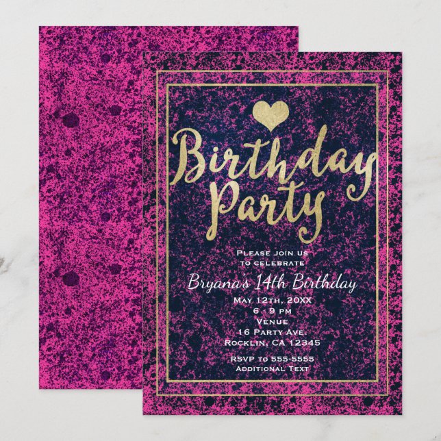Pink & Black Gold BIRTHDAY PARTY Modern Invitation (Front/Back)