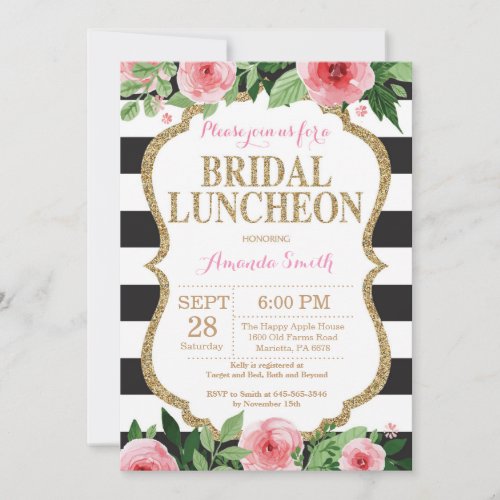 Pink Black Gold Bridal Luncheon Invitation Floral