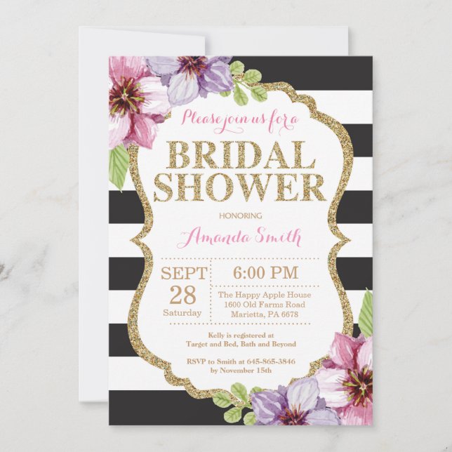 Pink Black Gold Bridal Shower Invitation Floral (Front)