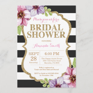 Pink Black Gold Bridal Shower Invitation Floral
