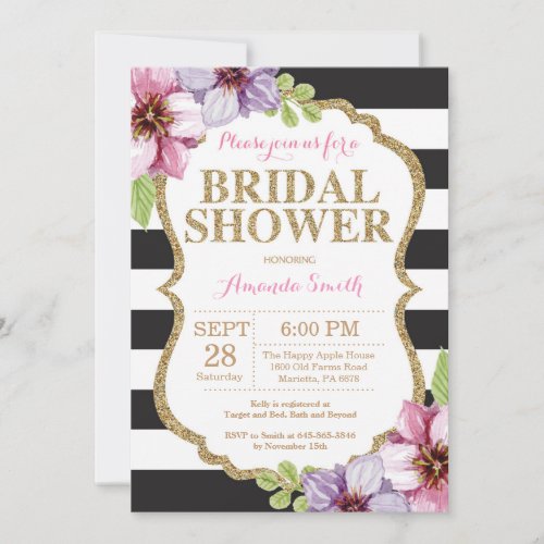 Pink Black Gold Bridal Shower Invitation Floral