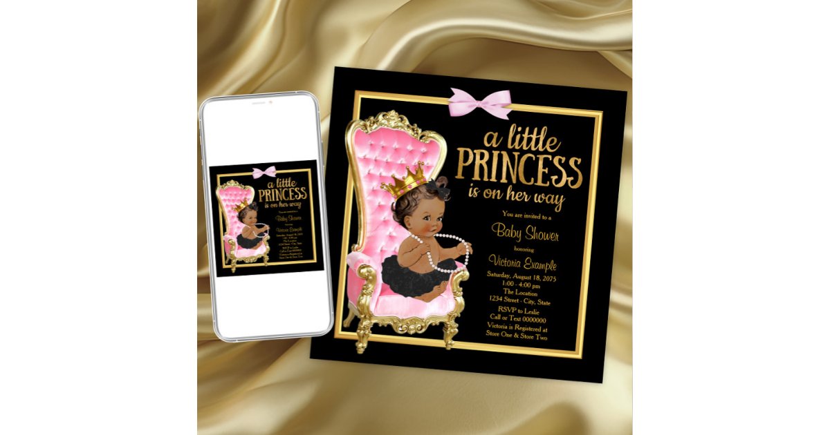 Pink Black Gold Chair Ethnic Princess Baby Shower Invitation | Zazzle