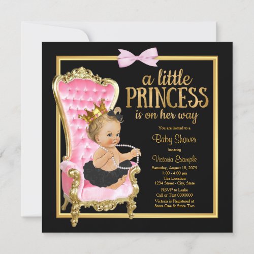 Pink Black Gold Chair Princess Baby Shower Invitation