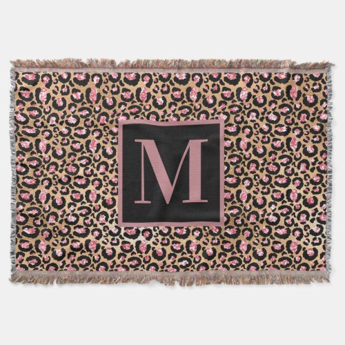 Pink Black Gold CheetahLeopard Monogram Initial Throw Blanket