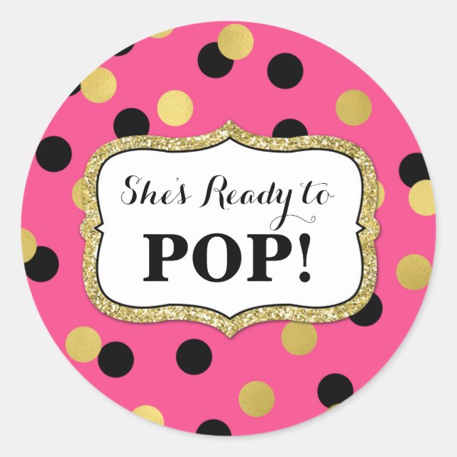 Pink Black Gold Confetti Baby Shower Ready to Pop Classic Round Sticker (Front)
