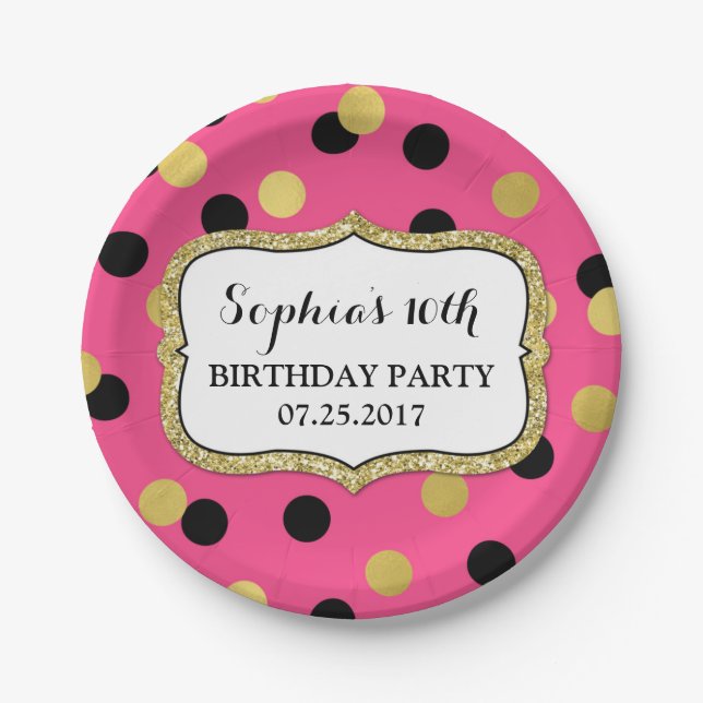 Pink Black Gold Confetti Birthday Party Plate (Front)