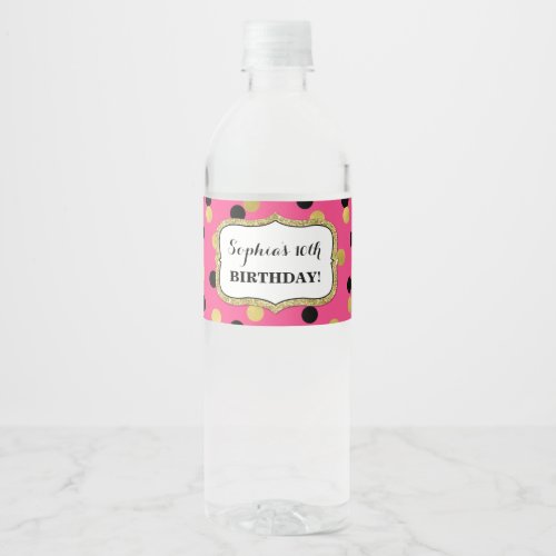 Pink Black Gold Confetti Custom Birthday Party Water Bottle Label