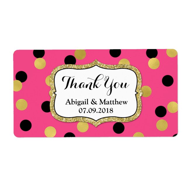 Pink Black Gold Confetti Wedding Labels (Front)