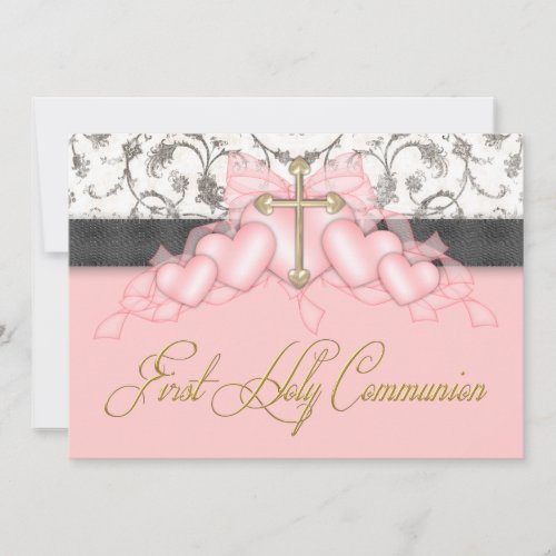 Pink Black Gold Cross Girls Pink First Communion Custom Invitation