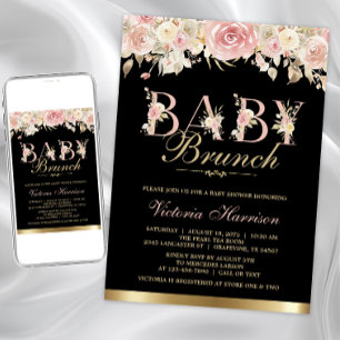 Pink Black Gold Floral Girl Baby Shower Brunch Invitation
