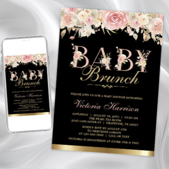 Pink Black Gold Floral Girl Baby Shower Brunch Invitation by The_Baby_Boutique at Zazzle