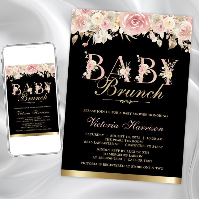Pink Black Gold Floral Girl Baby Shower Brunch Invitation (Baby brunch baby shower invitation. Instant download and printed invitations available.)
