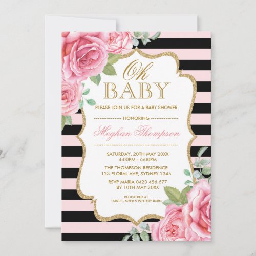 Pink Black Gold Floral Rose Girl Baby Shower Invitation