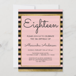 Pink Black Gold Foil Stripe 18th Birthday Invitation