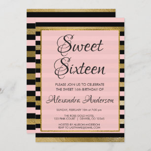 Pink Black Gold Foil Stripe Sweet 16 Birthday Invitation