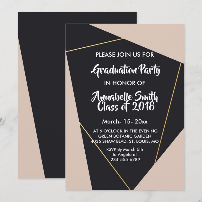 Pink black  & gold geometric Graduation Invitation (Front/Back)