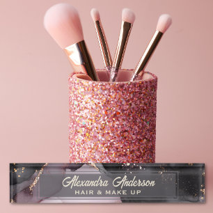 Pink Black Gold Glitter Agate Marble Abstract Desk Name Plate
