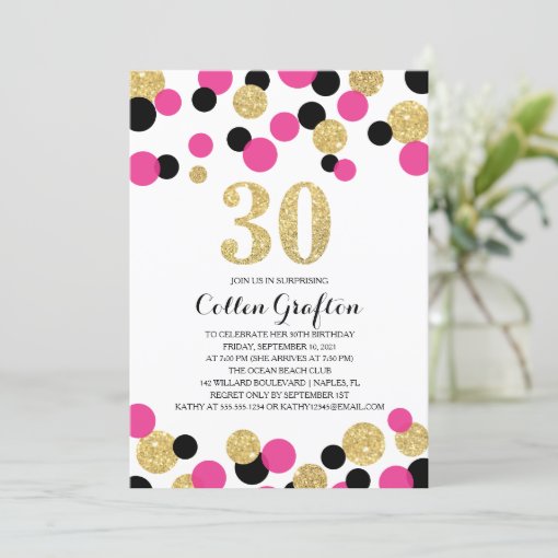 Pink, Black & Gold Glitter Confetti 30th Birthday Invitation | Zazzle