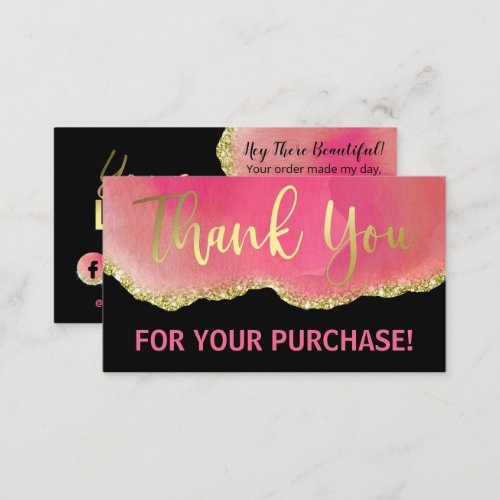 Pink Black Gold Glitter Foil Agate Thank You Business Card