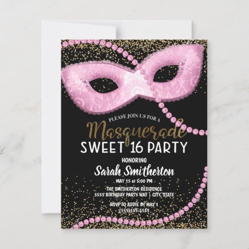 Pink Black Gold Glitter Masquerade Sweet 16 Invitation
