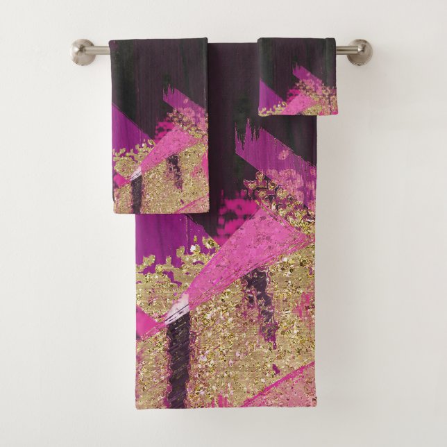 Pink Black Gold Glitter Modern Brush Glam Grunge Bath Towel Set (Insitu)